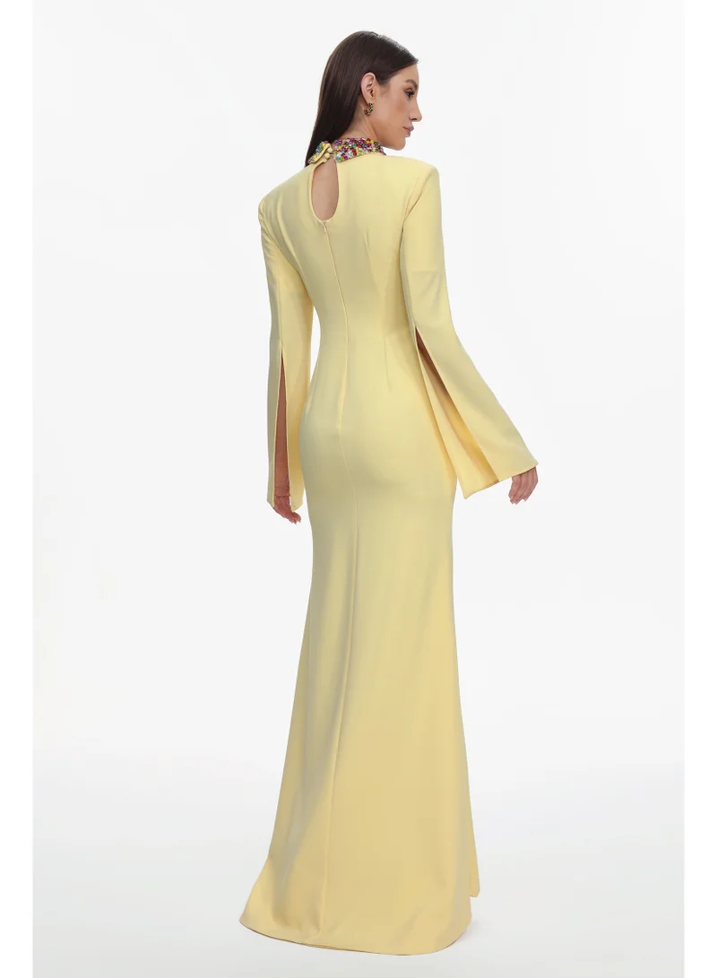 Bella Barnett  Ditala Elegant Tailored Cape Sleeve Cut Out Rhinestone Woven Maxi Dress for Women | Best Price UAE